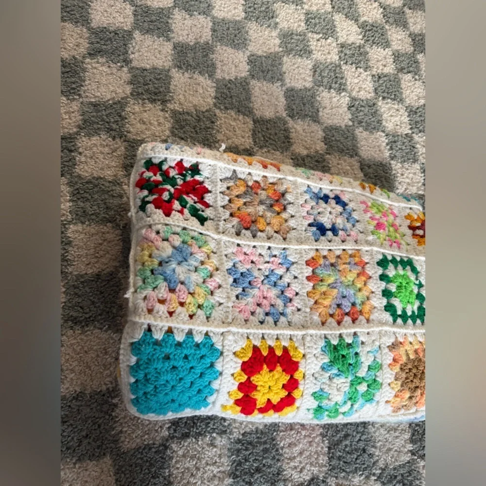 VTG Granny Square Blanket Afghan Crochet Hand Made Patchwork Multi Color Beige